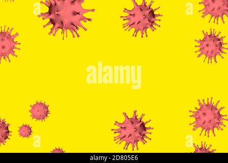 Coronavirus background with a copy of the space. A group of pink viruses on a yellow background. 3D-model Stock Photo