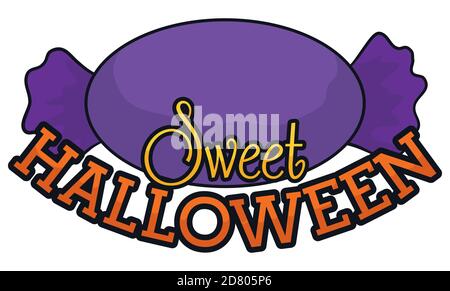 Hard candy in purple envelope and greeting sign wishing you a sweet Halloween, isolated over white background. Stock Vector