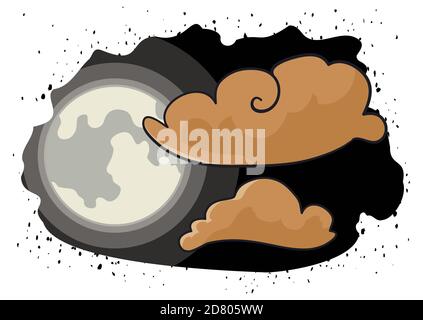 Eroded dark sky with full moon view and some orange clouds. Stock Vector