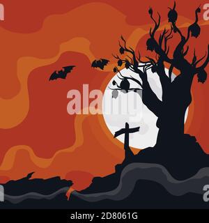Night in ruined graveyard with silhouettes of eroded cross, old dry tree and bats hanging on it. Stock Vector