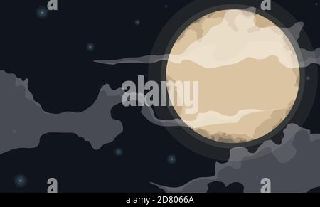 Banner with glowing full moon in a starry night with some clouds. Stock Vector