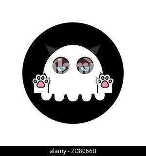 Grumpy cat in ghost costume sticker. Halloween Stock Vector