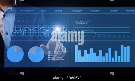 Modern Business Technologies. Unrecognizable businessman touching virtual screen with digital analytics infographic, creative collage Stock Photo