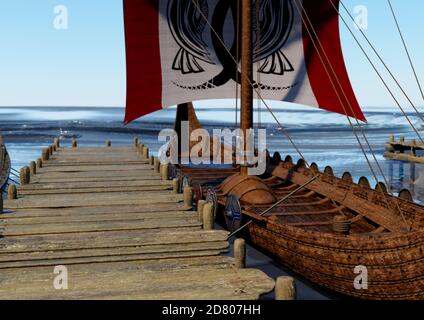 3D rendering of a vikings medieval boat on blue sky and ocean background Stock Photo