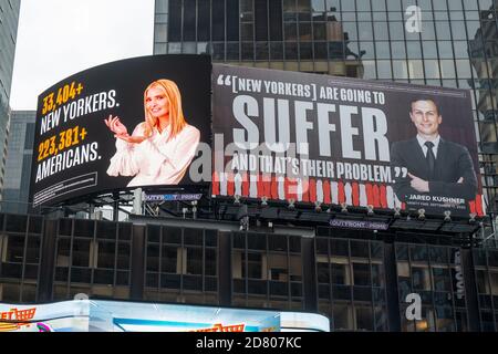 A billboard by The Lincoln Project depicts Ivanka Trump presenting the number of New Yorkers and Americans who have died due to COVID-19 and Jared Kus Stock Photo