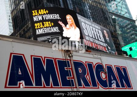 A billboard by The Lincoln Project depicts Ivanka Trump presenting the number of New Yorkers and Americans who have died due to COVID-19 and Jared Kus Stock Photo