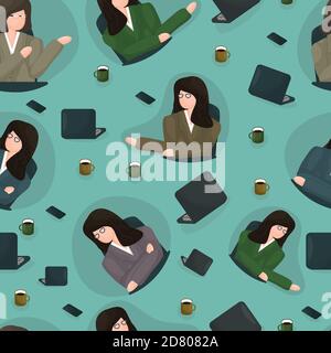 Seamless pattern of Employer or employee in office jacket or student, teacher, instructor with glasses near working place with laptop, tea cup, phone Stock Vector
