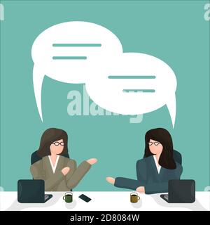 Employers or employees in office jackets or students, teachers, instructors with glasses near working place with laptops, tea cup, phone, they have so Stock Vector