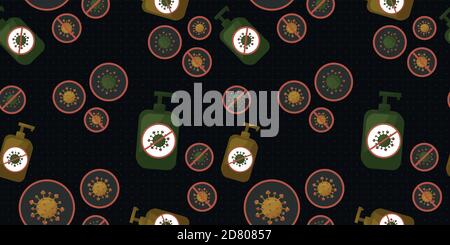 vector seamless pattern of viruses, disinfection in green yellow colors with viruses that are killed, on black background like squared paper with gree Stock Vector