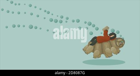 Cartoon vector smart Human in winter or autumn coat is lying on their back and reading a book on tardigrade on blue background. Happy moss Piglet is j Stock Vector