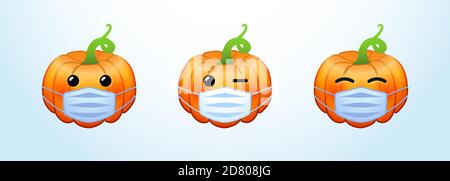 Set of positive pumpkin emoticons. Creative 3D characters. Lock down cute symbols. Decorative web icons. Isolated abstract graphic design template. Stock Vector