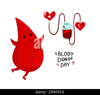 Set of vector illustration for World Blood Donor Day with cute cartoon blood drops character with blood bag Stock Vector