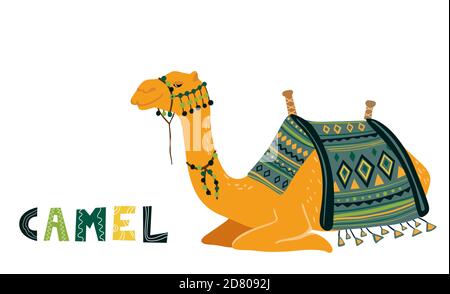 Camel cartoon vector illustration on white. Decorated camel with seat for a ride. Stock Vector