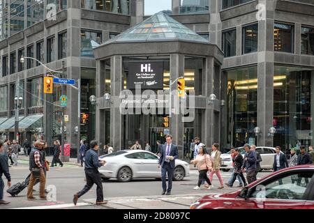 October 03 2018 : Toronto, Ontario, Canada : Entrance of famous Dynamic in Adelaide street. Designed by Page + Steele, the Dynamic Funds Tower stands Stock Photo