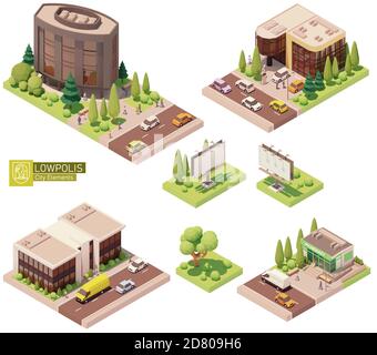 Vector isometric buildings and street elements Stock Vector
