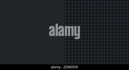 Two seamless mathematical patterns squared paper on dark gray or black background with dots and spaces. One pattern is with white lines, second pattern - with black lines Stock Vector