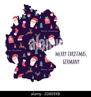 Germany map with seamless Christmas pattern. Santa Claus, candles, deer, berries, trees. Greeting card. Cartoon funny vector illustration Stock Vector