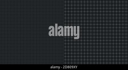 Two seamless mathematical patterns squared paper dark gray or black background with dots and spaces. One pattern is with white lines, second pattern - with black lines Stock Vector