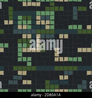 Abstract Seamless geometric squared vector pattern of green, blue, light and dark blue and dark gray colors on black background Stock Vector