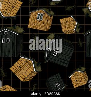 Canadian and Scandinavian yellow and black wooden houses with grass on the roof with yellow trees in autumn seamless pattern on squared black paper Stock Vector