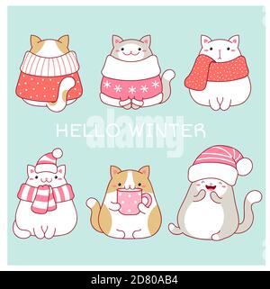 Hello winter. Christmas greeting card with four cute fat cats in scarves and hats. Six lovely cats in kawaii style on blue background. Vector EPS8 Stock Vector