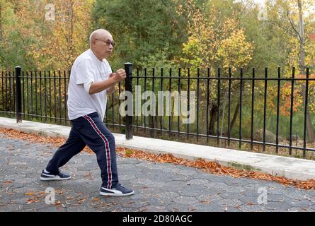 Against an autumn backdrop a man in his late seventies does yoga stretching exercises in a park in Queens, New York. Stock Photo