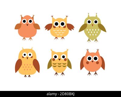 Set of vector illustration of colorful cartoon happy owls on white background. Funny and cute birds set in flat style. Stock Vector