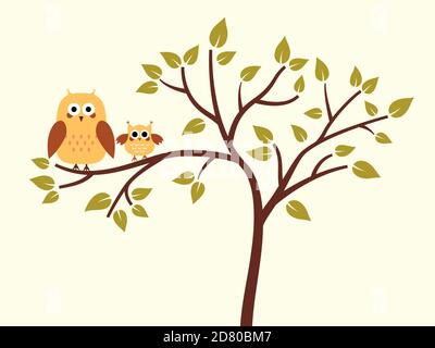 Beautiful simple tree with two owls sitting on a branch. Minimalist design style in black color. Ideal for children's room or as a template or backgro Stock Vector