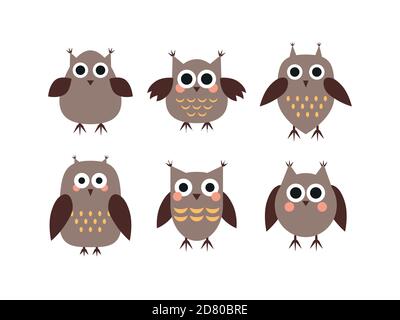 Set of vector illustration of brown cartoon happy owls on white background. Funny and cute birds set in flat style. Stock Vector