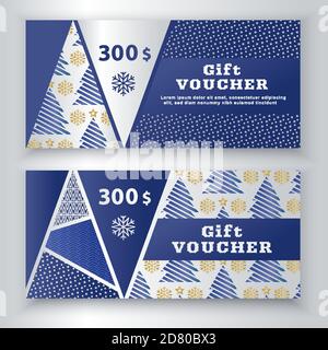 Christmas blue silver voucher template with stylized christmas trees. Gift coupon. Vector illustration. Triangle background Stock Vector