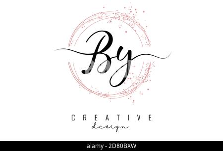 Handwritten BY B Y letter logo with sparkling circles with pink glitter. Decorative vector illustration with B and Y letters. Stock Vector
