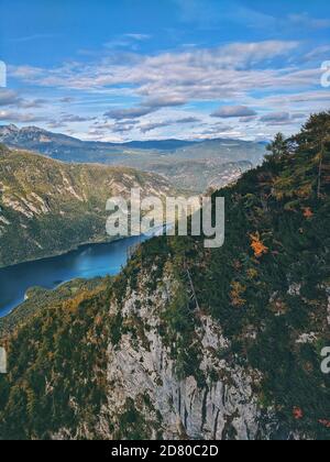 Autumn view of beautiful mountains landscape and Bohinj lake from view point in Vogel Stock Photo