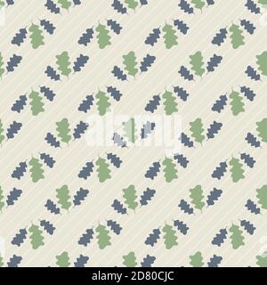Pairs of green oak leaves seamless diagonal vector pattern background. Forest foliage silhouettes on beige backdrop. Mid-century botanical Stock Vector
