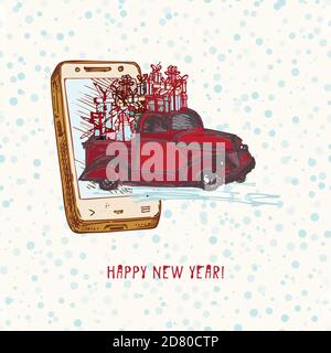 Festive Christmas, New year concept holiday delivery. Hand drawn smartphone and red car with fir tree decorated red balls and gifts on snowy Stock Vector