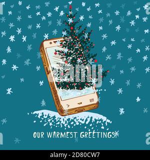 Festive Christmas, New year concept holiday online greeting Hand drawn smartphone and fir tree decorated red balls on snowy background Text Our Stock Vector