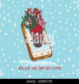 Festive Christmas, New year concept holiday delivery Hand drawn smartphone, red scooter, fir wreath, red balls and gifts on snowy background Text Stock Vector