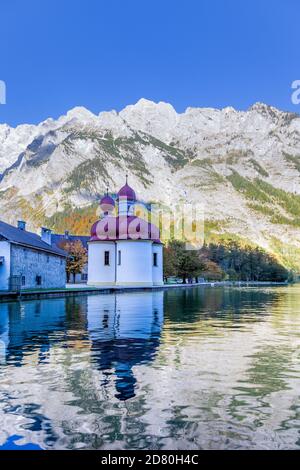 Pilgrimage church St. Bartholomae on a peninsula in the Koenigssee in Berchtesgadener Land, Bavaria, Germany. Stock Photo