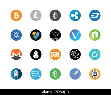 20 most popular cryptocurrency logo set - bitcoin, litecoin, ethereum, ripple and other. Stock Vector