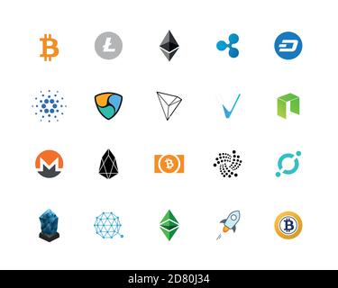 20 most popular cryptocurrency logo set - bitcoin, litecoin, ethereum, ripple and other. Colorful icon set. Stock Vector