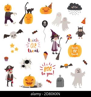 Set of halloween design elements – objects, signs, items, symbols and cartoon characters. Vector illustration. Stock Vector