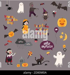 Set of halloween design elements – objects, signs, items, symbols and cartoon characters. Vector illustration. Stock Vector
