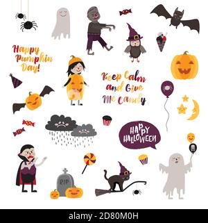 Set of halloween design elements – objects, signs, items, symbols and cartoon characters. Vector illustration. Stock Vector