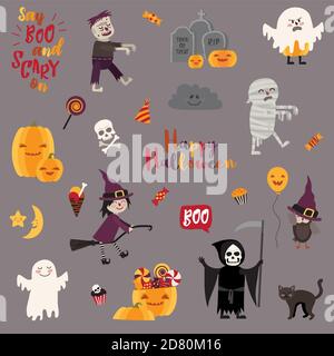 Set of halloween design elements – objects, signs, items, symbols and cartoon characters. Vector illustration. Stock Vector