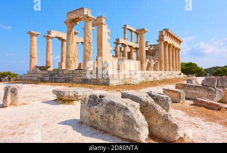 Ruins of the temple of Aphaea, landmark of Aegina Island in Greece. Masterpiece of ancient greek architecture. Stock Photo
