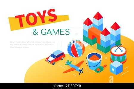 Toys and games - modern isometric web banner Stock Vector