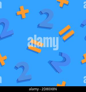 Two plus two seamless pattern. Blue numbers with orange arithmetic signs algebraic counting in mathematics. Stock Vector