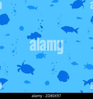 Underwater world seamless pattern. Blue depth with silhouettes of fish and sea turtles. Stock Vector