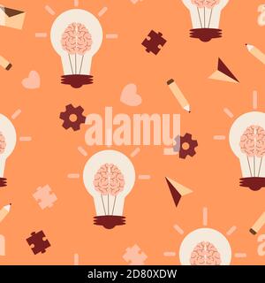 Creative thinking seamless pattern. Bright orange light bulb with brain brown puzzle pieces gears. Stock Vector