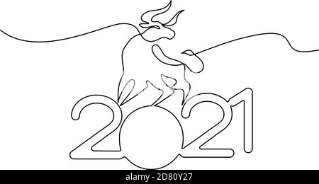 Bull Continuous one line drawing. Chinese New Year 2021 year of the bull. Black outline vector drawing. Stock Vector