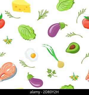 Keto diet seamless pattern. Green lettuce purple fresh eggplant appetizing half of avocado with bone. Stock Vector